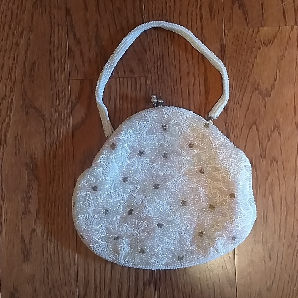 Cream, pink and light brown bead bag made in Japan